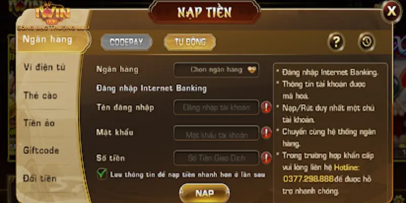 Nạp tiền IWIN bằng hình thức tài khoản ngân hàng