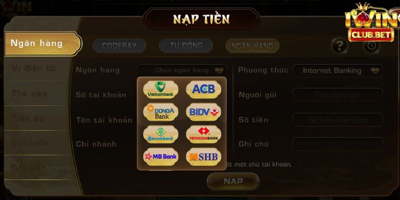 Nạp tiền qua ngân hàng là phương thức thanh toán của Iwin Club